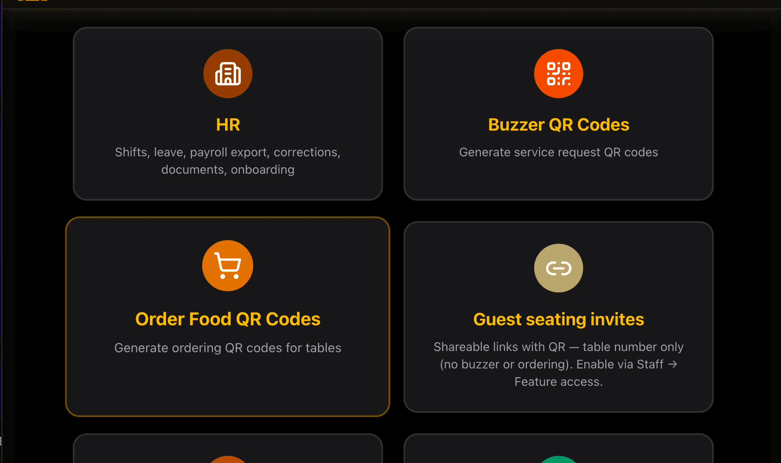 Hostora guest QR modules for ordering, buzzers, and seating